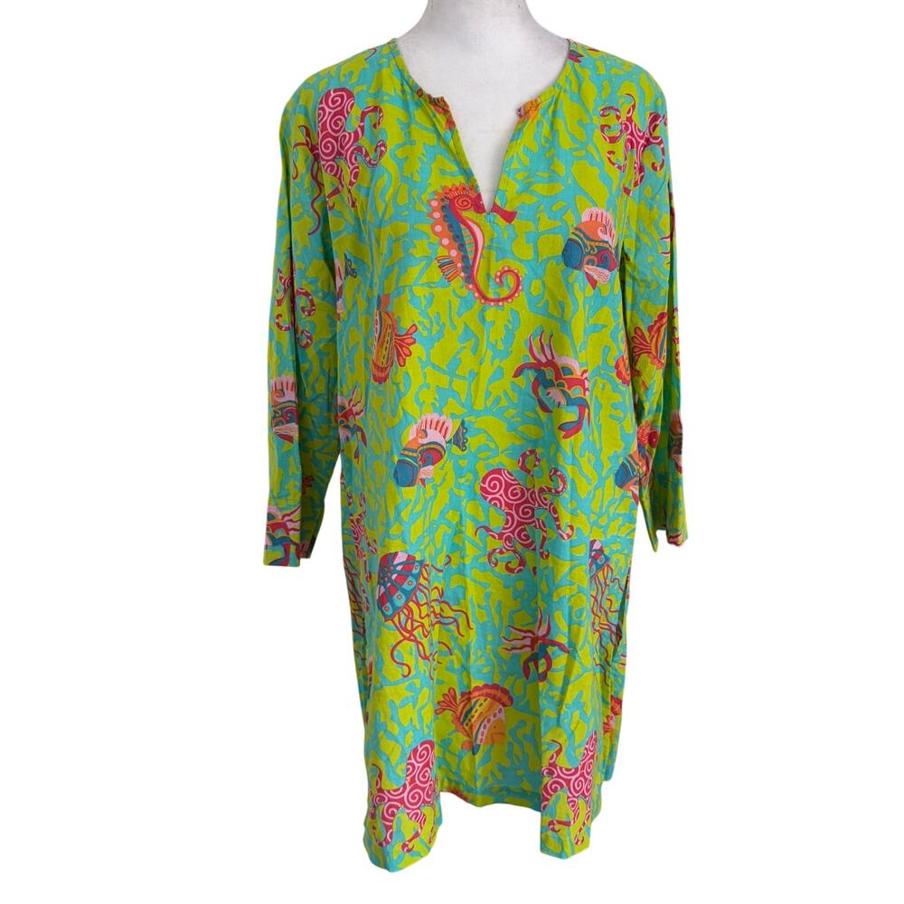 Gretchen Scott Beach Pool Coverup Dress Green, Pink Sea Creatures Size Small